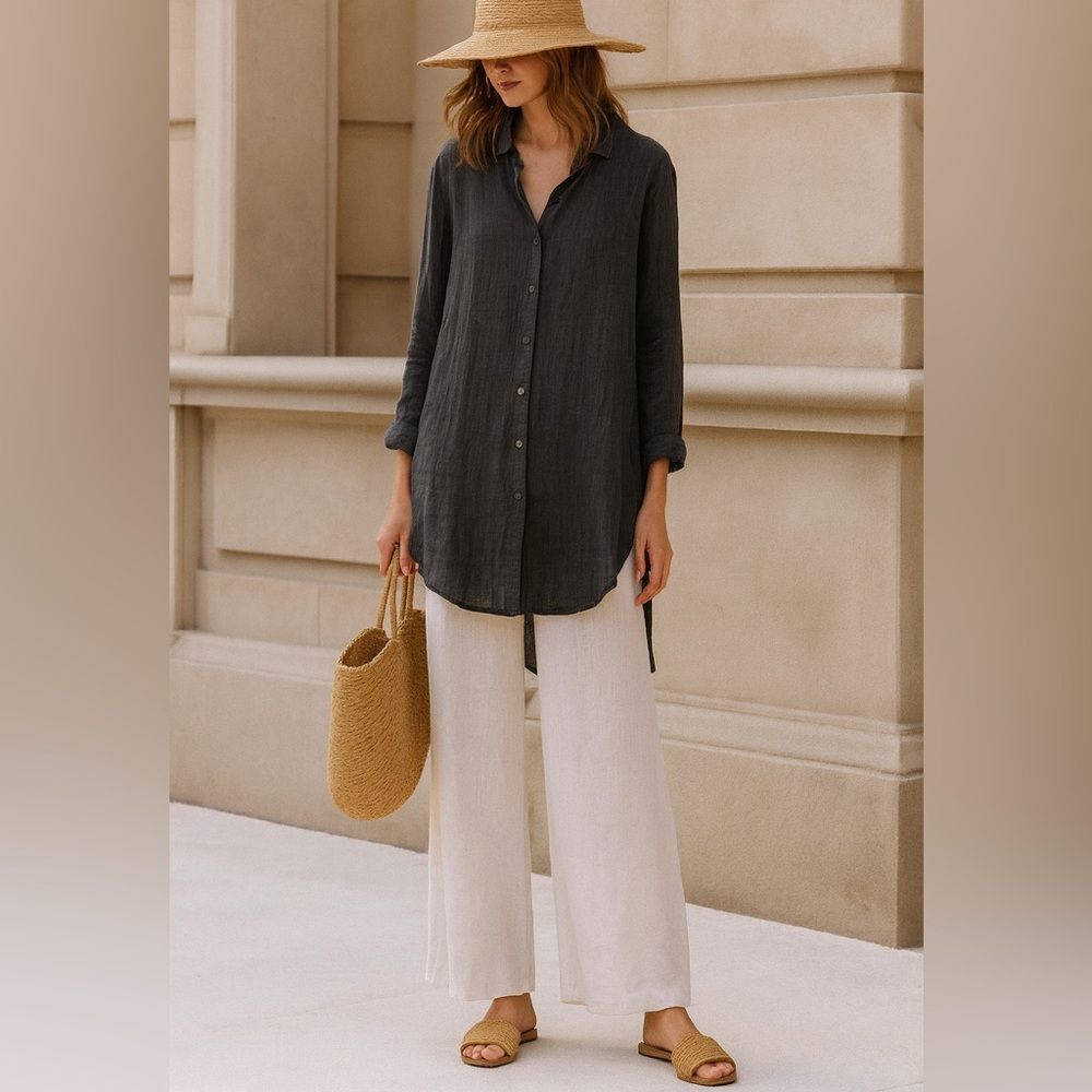 CP SHADES Carine Hi Low Linen Button Down Tunic In Teal XS